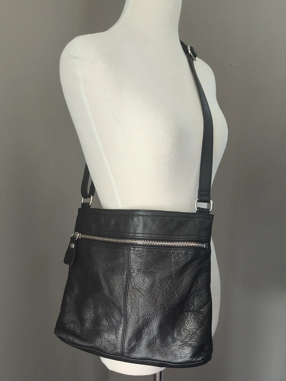 Margot Rich Black Leather Messenger Crossbody Bag With Silver Accents